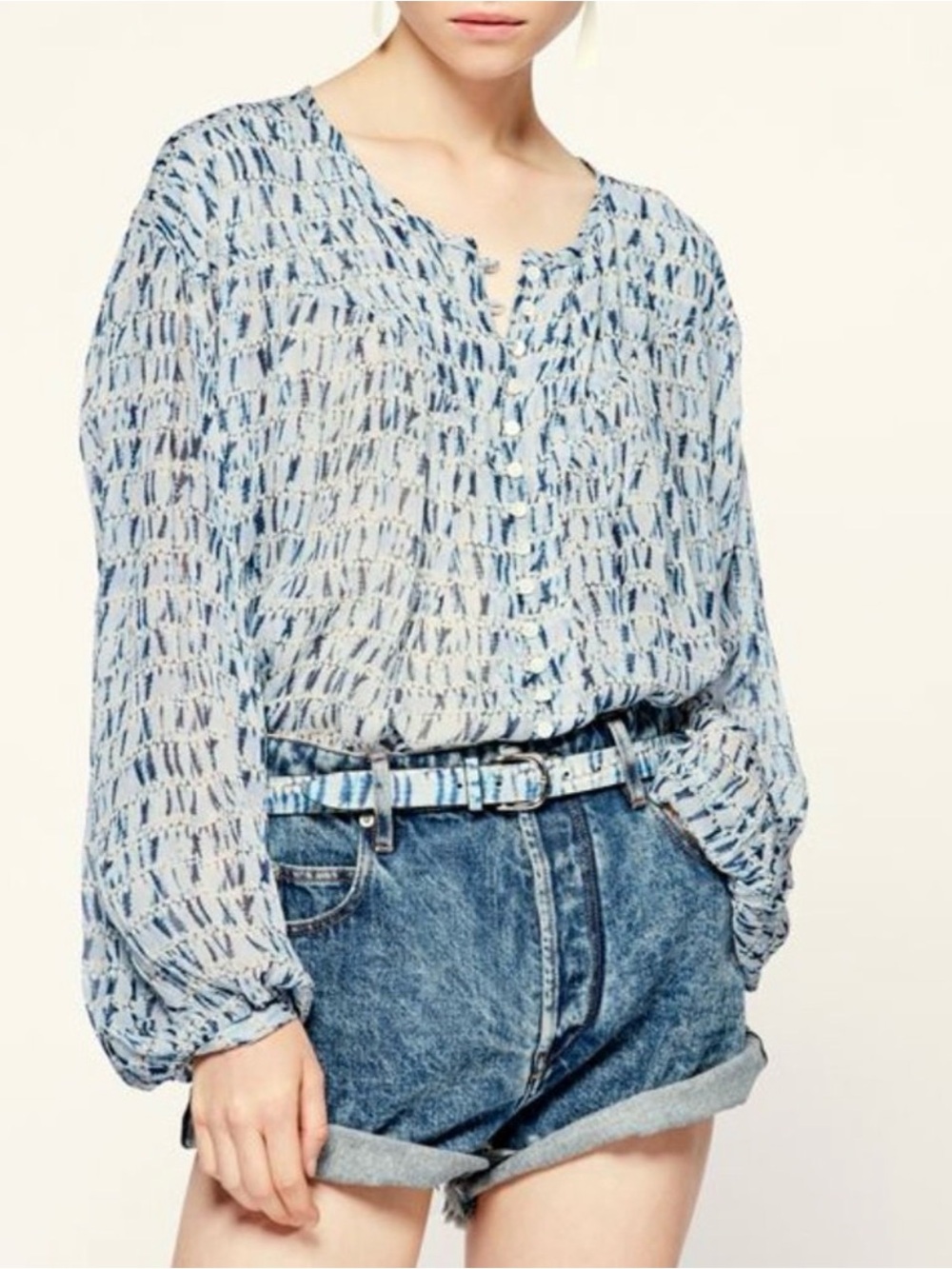 Isabel Marant Etoile Sorionea Blue Printed Round Neck Button Front Blouse 40 M/L